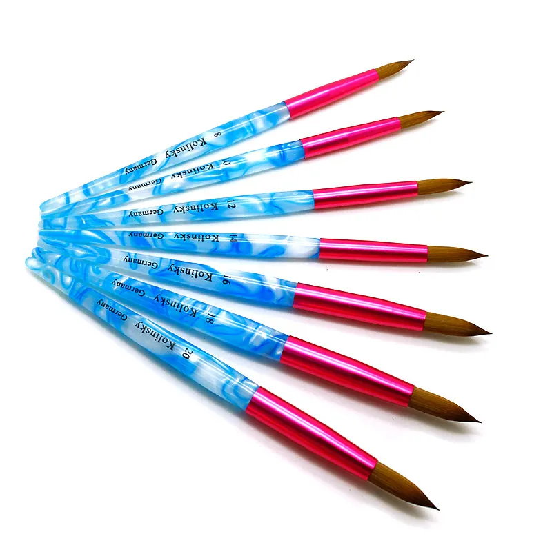 Beyaz girdap mavi yuvarlak fırça kolu akrilik tırnak sanat boyama fırçaları için Kolinsky özel etiket toptan profesyonel