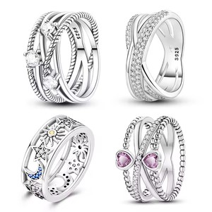 Anillos de banda ancha cruzados de plata de ley 925 con corazón rosa, sol azul, estrella y luna, para mujer, para bodas, fiestas y cumpleaños - Product Image 1