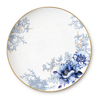 Service de table en porcelaine dorée de luxe JK Ceramics, assiettes en céramique bleues imprimées, assiettes en porcelaine osseuse pour mariage