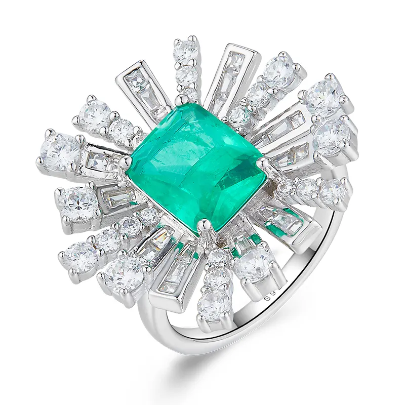 Trendy S925 Silver Snowflake Shape Rings Jewelry Green Gem Wedding Flower Ring Fashion Party Zirconia Rings Women