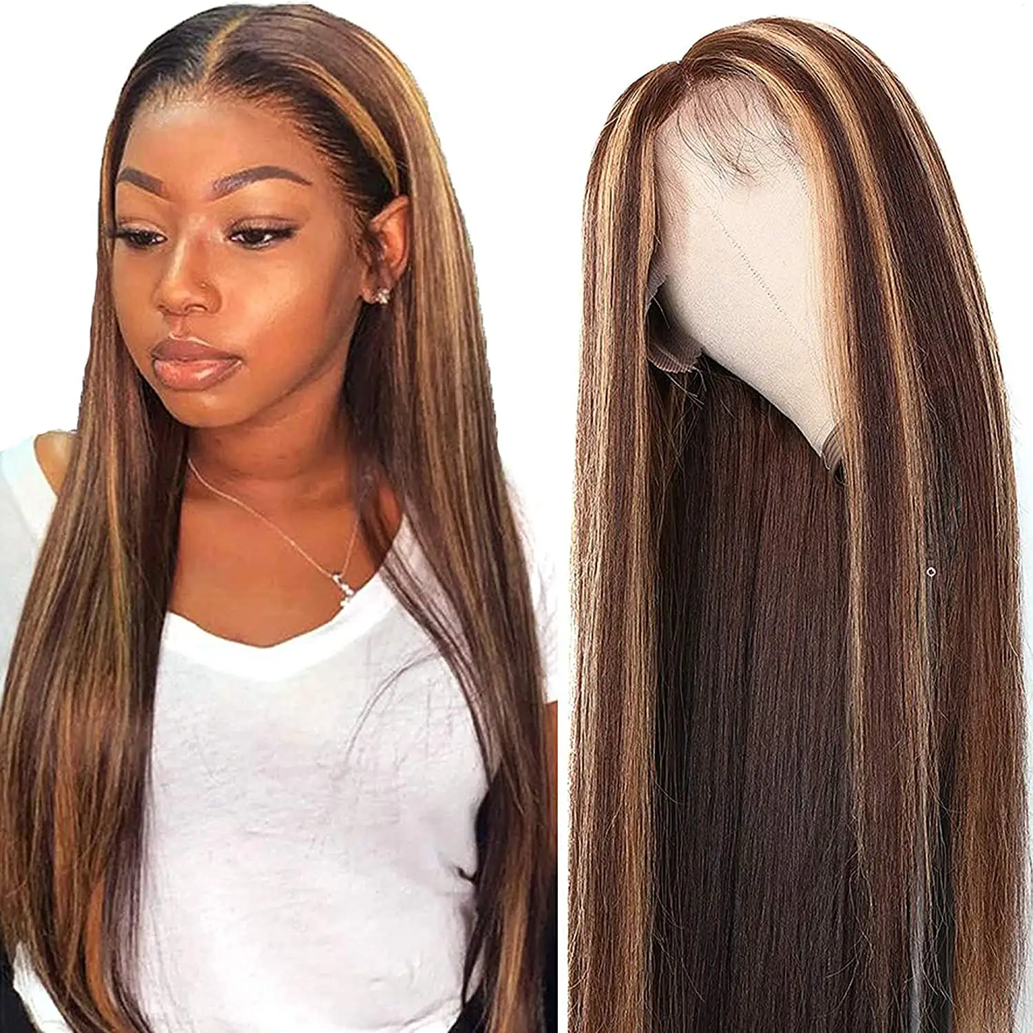 Brown Rooted Human Hair Wigs With Bangs Highlights Straight Highlighted Human Hair Full Lace Wigs Full Lace Wig Highlighted