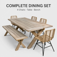 Ensemble table et chaises de jardin style campagnard américain, structure en aluminium, table à manger longue en teck birman, imperméable, mobile, pour terrasses de plage et villas