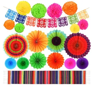 Fiesta Feestartikelen Fiesta Kleurrijke Papieren Fans Mexicaanse Serape Tafelloper Fiesta Feestdecoratieset