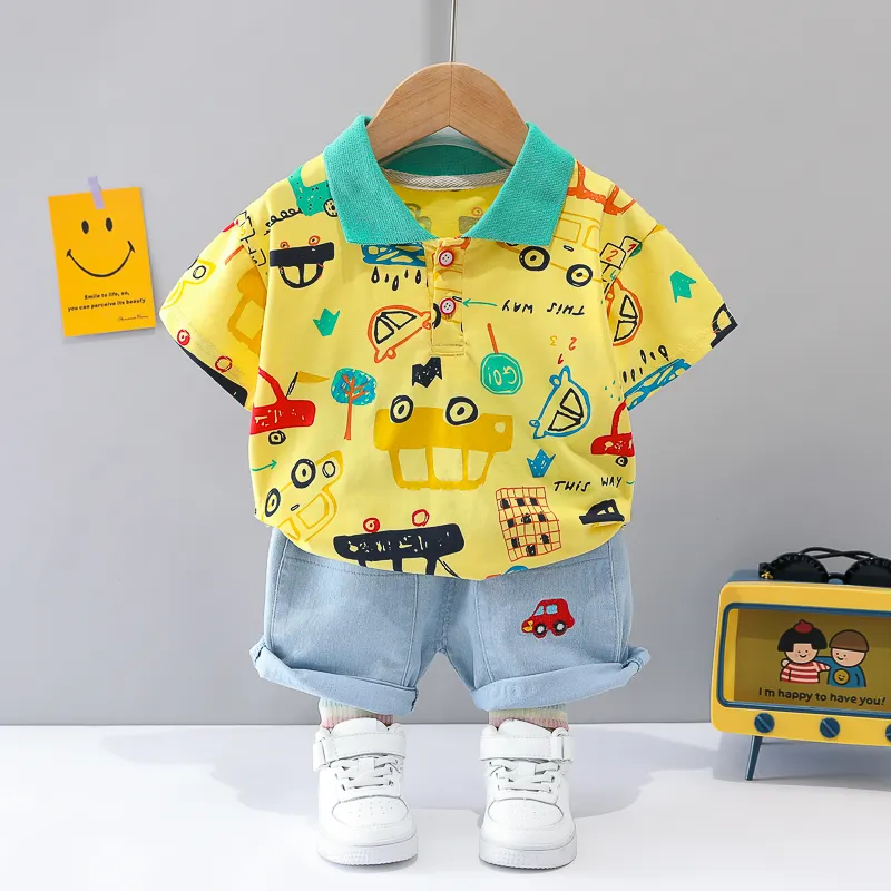 2023 Hottest New Collection Kids Boys High Quality Short Sleeve Polo Shirts and Jeans 2 Sets Kids Boys Clothing