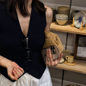 Elegant Solid Color V Neck Single Breasted Tailored Sleeveless Summer Outer Formal Office <strong>Women's</strong> Vests <strong>Waistcoats</strong> <strong>Knitted</strong> - Product Image 2