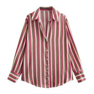 Camicia Elegante a Righe per Donna, Design alla Moda, Top da Ufficio, Texture Satinata, Maniche Lunghe Drappeggiate, Blusa Femminile 3908 - Product Image 2