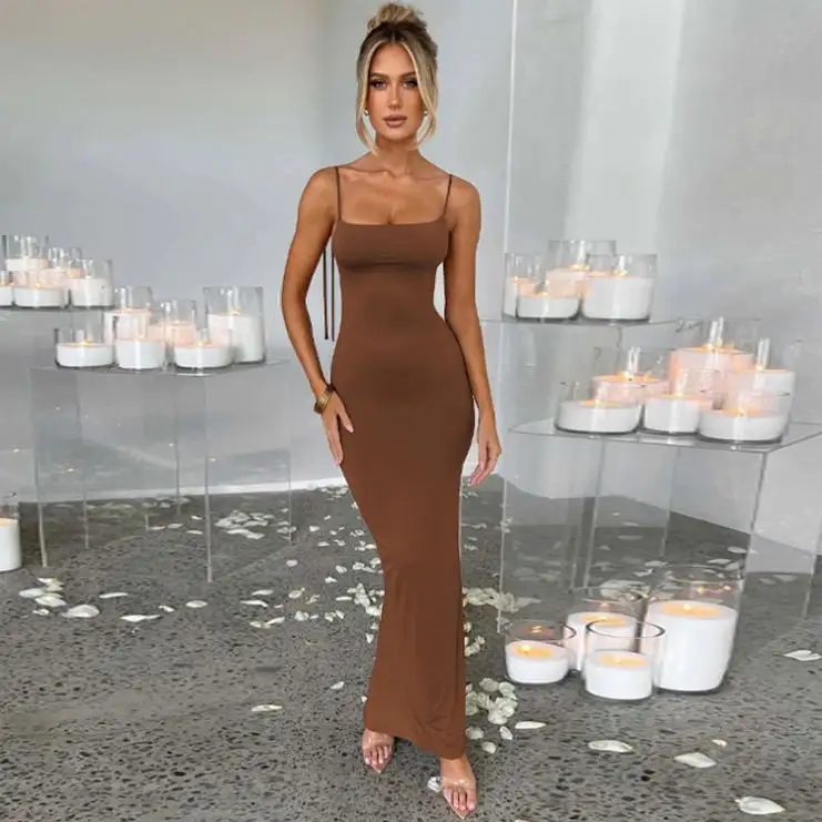 2023 New Arrivals One Piece Sexy Elegant Casual Dresses Solid Color Strappy Fitness Ladies Maxi Dress