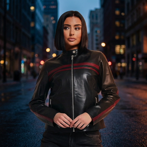 Veste de moto en cuir véritable pour femme, zippée, col montant, style streetwear décontracté, avec empiècements contrastés - Product Image 4