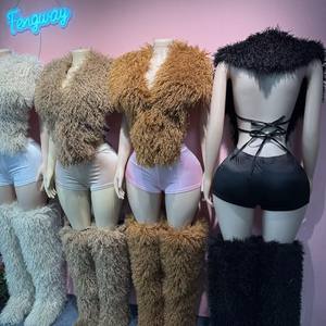 Koleksi Baru Musim Dingin 2025: Set Tiga Potong Wanita - Rompi Bulu Tanpa Lengan Tanpa Punggung + Celana Pendek + Sepatu Bot Bulu Panjang - Product Image 4