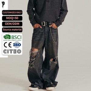 Jean large déchiré et délavé noir et gris pour homme, style streetwear, coupe baggy, avec trous et bords effilochés - Product Image 1