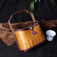 Wancai Guofeng Bamboo Basket-Petit fourre-tout tissé à la main pour pique-nique, épicerie de marché et décor de style fermier