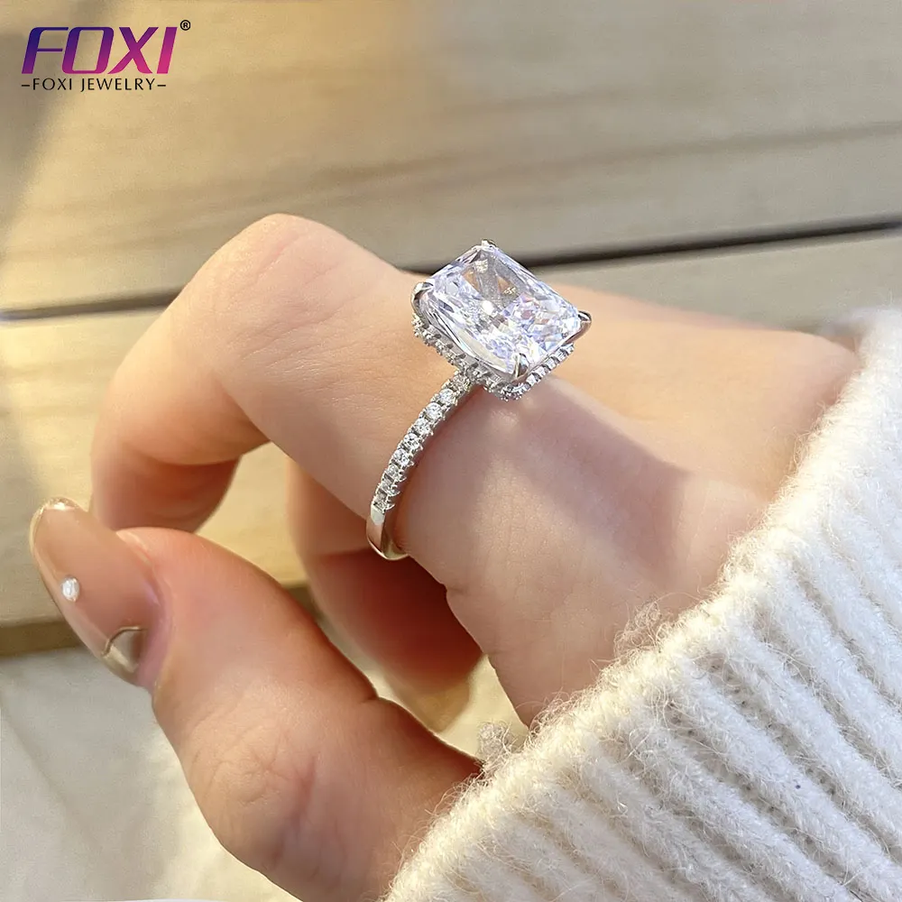 FOXI Wholesale NEW Customize Ring Zircon Square Designs 925 Sterling Silver Ring with Gold Plated Fro Women