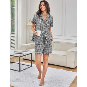 Ensemble pyjama 2 pièces en coton à carreaux pour femme, manches courtes, boutonné, vêtements de détente, vêtements de nuit, été - Product Image 5