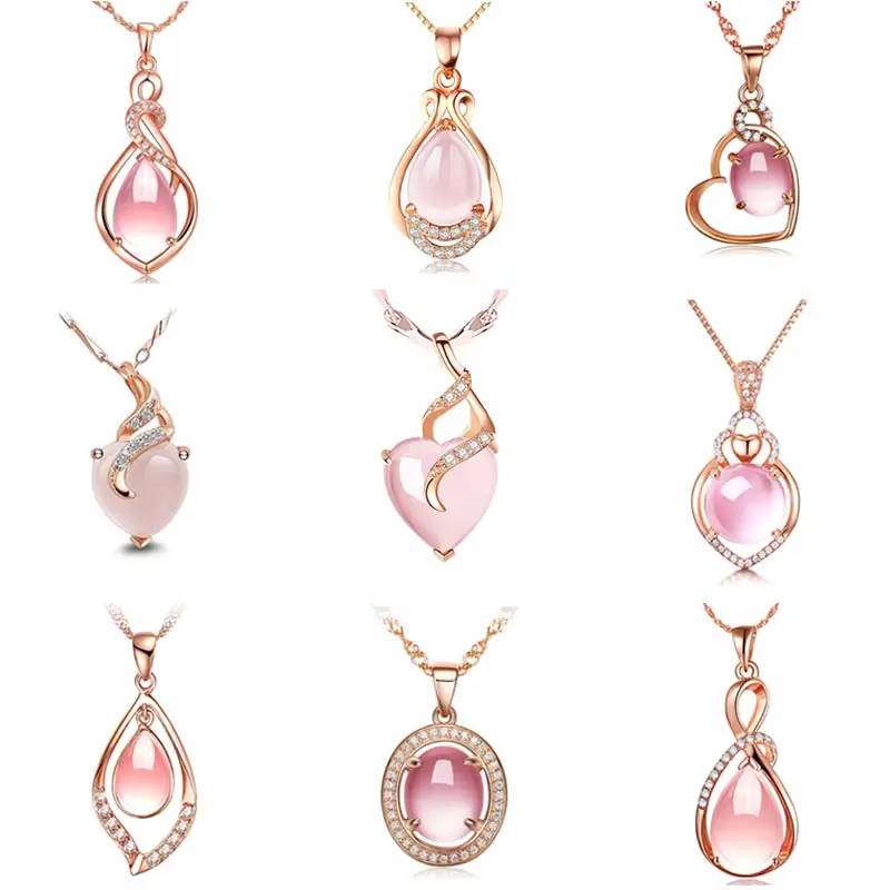 S925 Perak Natural Rose Quartz Batu Kristal Liontin Kalung untuk Wanita Batu Permata Fashion Perhiasan