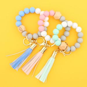 New DIY Cheap <b>Personalized</b> Hexagon Custom PU Tassel Wristlet Bangles Handmade Silicone Beads Bracelet <b>Keychain</b> - Product Image 3
