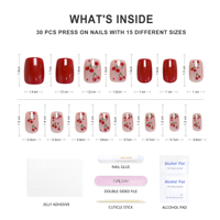 Naiwlay 30 pièces 15 tailles Faux ongles courts carrés de couleur rouge brillant à motif cerise, faux ongles en gel, ongles artificiels
