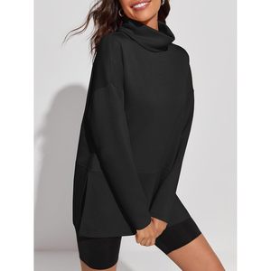 Sweat-shirt oversize à col roulé pour femme, manches longues, coupe ample, fentes latérales, pull tunique asymétrique en maille respirante - Product Image 3