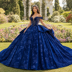 Robe de Quinceañera élégante en mousseline bleu marine Dy1513, taille naturelle, corset cœur, appliques de sequins, robe bouffante à volants, nœud superposé - Product Image 1