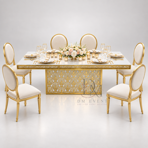 Mesa de Comedor Rectangular de Acero Inoxidable Dorado de Lujo con Tapa Blanca y Base de Pedestal Art Deco para Banquetes de Boda - Product Image 5
