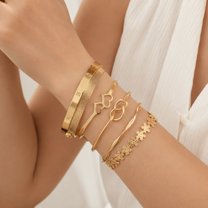Elegant <b>Letter</b> Love Cuff Bracelet Set Zinc Alloy Gold Silver Color Crystal Rhinestone Heart Flower Infinite 8 Hollow Open - Product Image 1