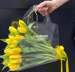 Nuevas bolsas de flores de mano transparentes con apertura para mascotas al por mayor personalizadas para cajas de flores, bolsas de flores transparentes de plástico