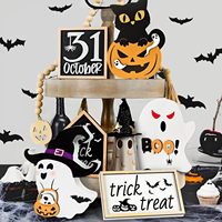 Lot de 3 décorations de table en bois pour Halloween : fantôme, chat noir, citrouille, panneau 'Boo', ornement sur pied