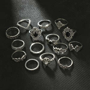 Anillo de cristal negro bohemio antiguo para mujer, joyería de plata, tendencia, personalidad, girasol, 15 unidades/juego - Product Image 3