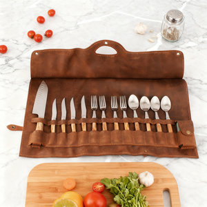 Cao cấp đa chức năng 15-mảnh Flatware <span class=keywords><strong>Set</strong></span> với da chính hãng mang theo túi bao gồm bít tết dao muỗng nĩa - Product Image 1