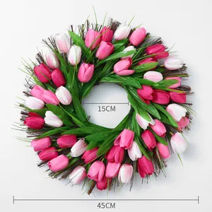 Tulipán Rosa simulado, coronas de flores decorativas de 17 pulgadas y plantas para Festival y corona de puerta delantera de primavera