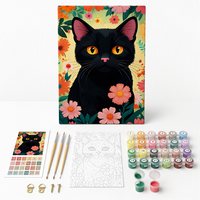 Kit de peinture par numéros encadré personnalisé, chat noir mignon et fleurs, toile tendue, peinture acrylique DIY par numéros pour adultes débutants