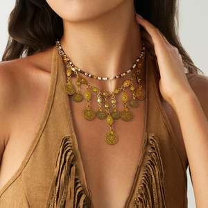 ボヘミアンビンテージレイヤード幾何学的花ディスクフリンジ鎖骨チェーン新しい多色ビーズネックレス女性 - Product Image 3