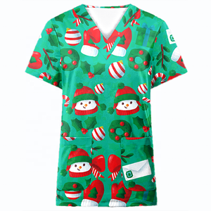 Blouses médicales personnalisées en gros pour Noël et Thanksgiving, imprimées, col en V, hauts de travail pour femmes avec poche - Product Image 5