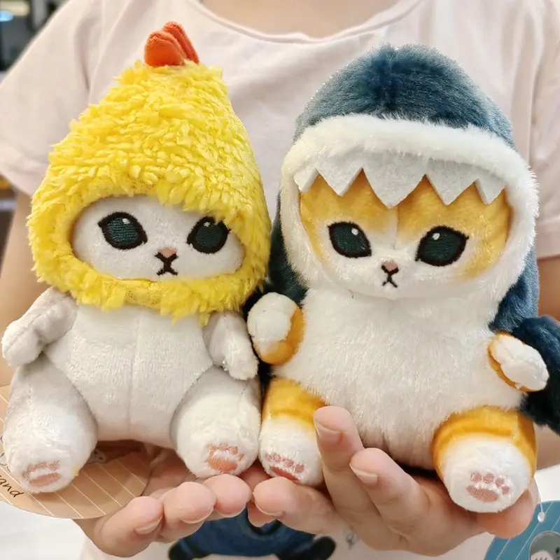 LLavero de peluche de gato y tiburón de 13cm, colgante con diseño de gato, camarón y tiburón, japonés