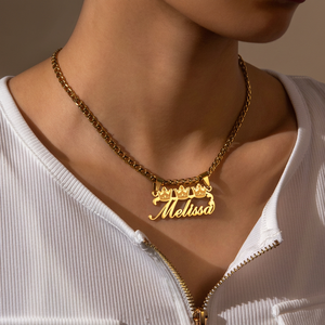 Personalized <b>Custom</b> <b>Name</b> <b>Necklace</b> Three Crown Letter Pendants Link Gold Plated Stainless Steel Hip Hop Style for Women Men - Product Image 3