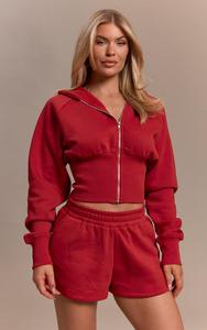 Cropped Zip Up Cinched Waist Women Long Sleeve Unbrushed Hoodies With Matching Shorts Sustainable 2 Pieces Tracksuit - Product Image 5
