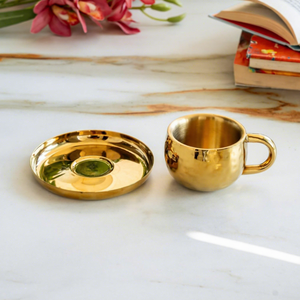 Ensemble de tasses à thé et à café isothermes en acier inoxydable de qualité supérieure avec soucoupe, finition en laiton doré, élégant, à double paroi - Product Image 2