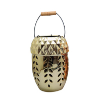 Lanterne décorative en céramique dorée électrolytique, motif éichel, avec découpe géométrique et feuilles, support creux et poignée en bois