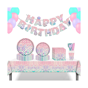 Ensemble de vaisselle jetable pour fête d'anniversaire sur le thème des sirènes, comprenant des gobelets en papier, des assiettes en papier, des serviettes, pour les anniversaires d'enfants - Product Image 1