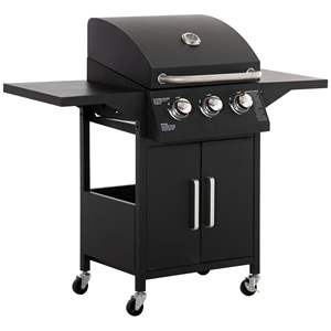 Parrilla de gas portátil de 3 quemadores con rejilla de calentamiento y gabinete, barbacoa para exteriores para 5 personas, modelo negro, estilo moderno, control por perillas. - Product Image 1