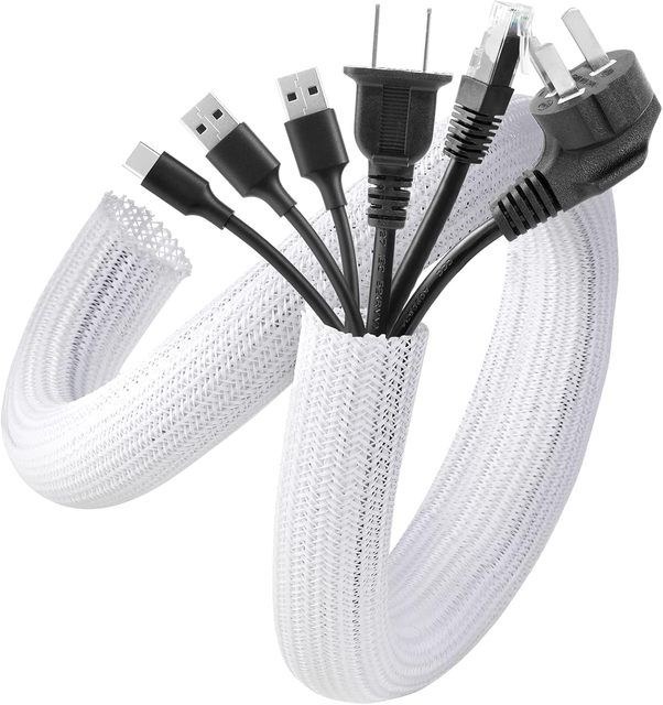 White Cable Sleeve Cover Self Wrapping Split Wire Loom Cable Management Wire Organizer Under Desk Protect Cable From Cat Chewing