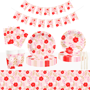 DAMAI - Juego de Vajilla Desechable de Papel con Diseño de Flores Rosas y Temática Primaveral para Fiestas de Cumpleaños - Product Image 1