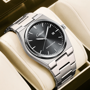 Service OEM ODM – Bracelet en acier inoxydable massif conique intégré pour <span class=keywords><strong>homme</strong></span>, montre minimaliste avec calendrier simple et cadran bleu soleil, idéale pour le quotidien - Product Image 2