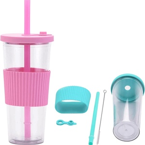 22oz Reusable <b>Boba</b> Cup with Cork Sleeve Cute Pink Plastic <b>Bubble</b> Tea Bottle with Reusable Straw - Product Image 1
