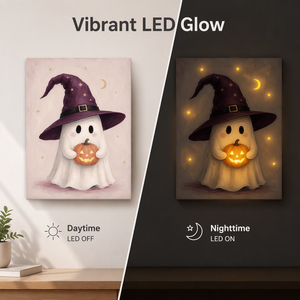 Chapeau de Sorcier Violet Imprimé en 3D <span class=keywords><strong>TOPART</strong></span> de Luxe Premium, Petit Fantôme Tenant une Citrouille, LED Carrée à Piles pour Halloween - Product Image 2