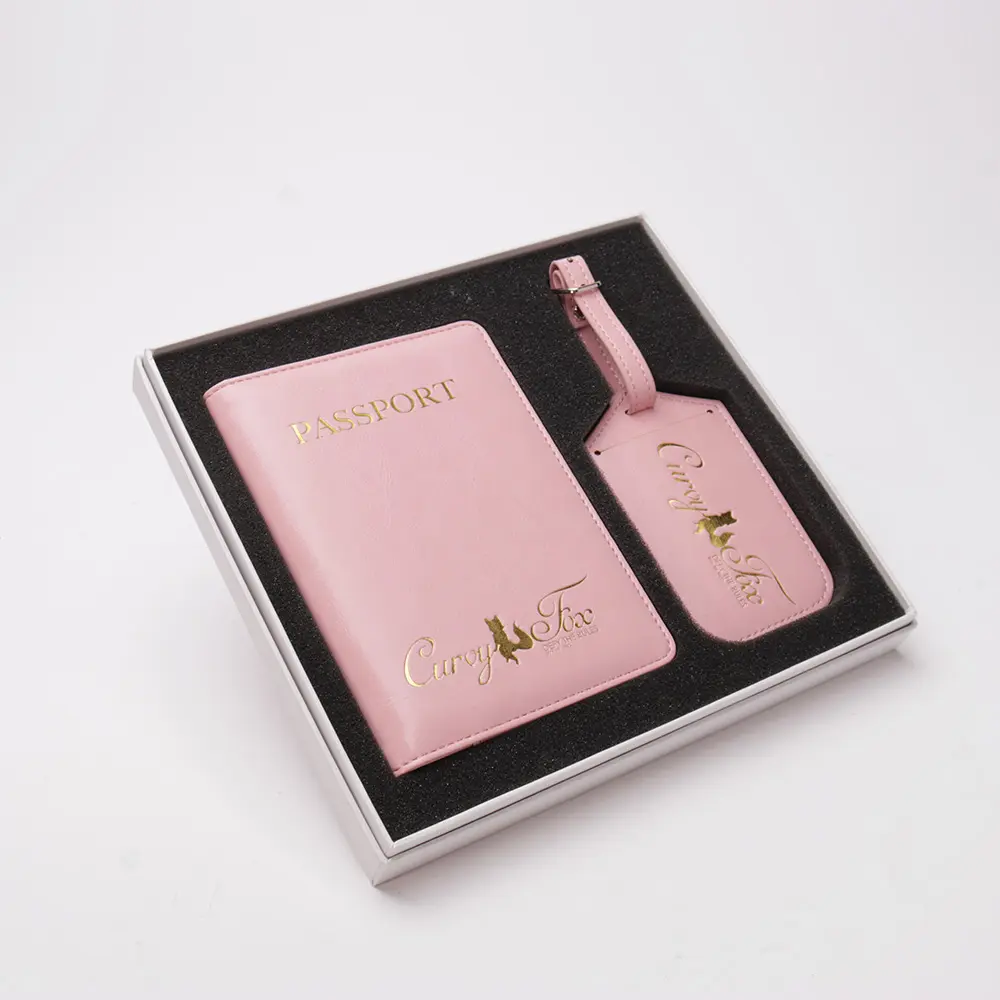 Newest Design Make Your Own Logo PU Leather Pink Passport Holder And Pink Luggage Tag Gift Set