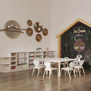 Meubles de maternelle Montessori, design de salle de classe, table en bois pour enfants, chaise pour bébé pour l'école avec armoire à jouets - Product Image 1