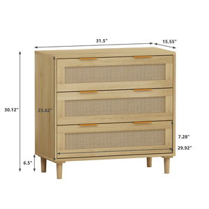 31.50" 3-<b>Drawer</b> Rattan <b>Storage</b> Cabinet Oak Finish <b>For</b> Bedroom Living Room Dining Room Hallways - Product Image 3