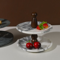 Natuurlijke marmeren witte serveerschaal met houten handvat, dubbele laag, fruit- en taartplateau, marmeren dessertplateau, decoratie voor thuis, keuken en feestjes, groothandel