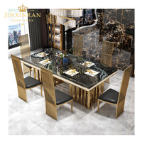 Table à manger moderne de luxe en marbre imperméable, avec pieds en acier inoxydable doré, 6 chaises, mobilier de restaurant