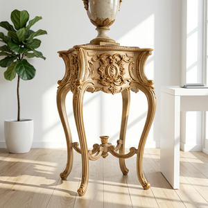 Table basse antique en teck massif sculpté à la main, dorée, mobile, légère et écologique - Product Image 2